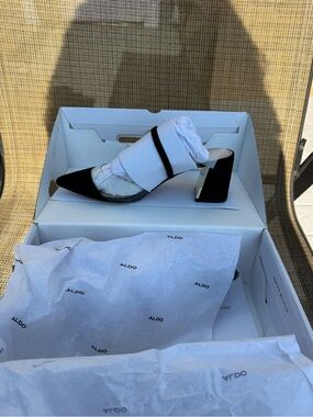 ALDO Chaleclya Black and White Pointed Toe Block Heel Mule